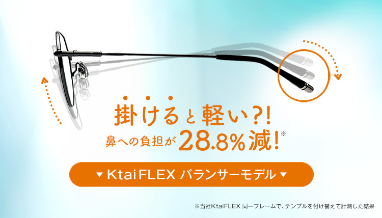 掛けると軽い？！鼻への負担が28%減※！KtaiFLEXバランサーモデル（※当社KtaiFLEX同一フレームで、テンプルを付け替えて計測した結果）